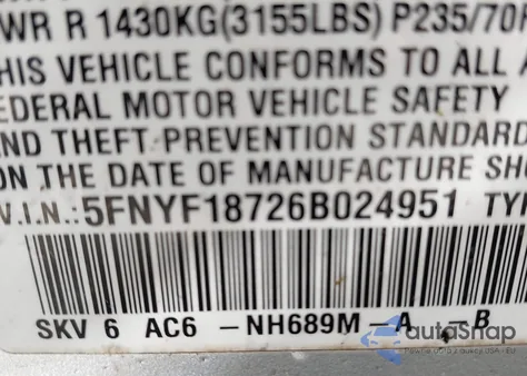 2006 Honda Pilot Ex-L z USA, uszkodzony, nr VIN 5FNYF18726B024951